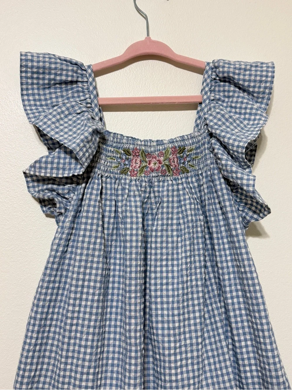 Janie and Jack Girl’s Dress Gingham Smocked Floral Embroidered Size 6 Ruffle